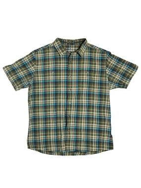 KUHL Men's Eluxur Green and Brown Plaid Short Sleeve Button Down Shirt. Sz Large
